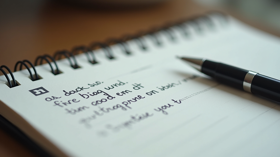 Close-up view of a notebook with handwritten notes and a pen