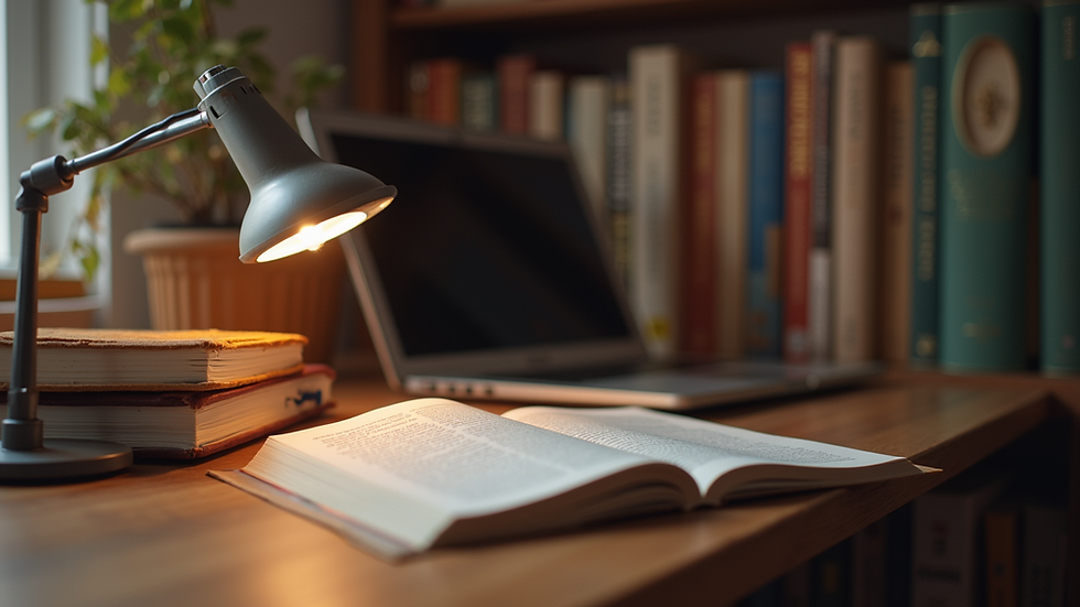 Eye-level view of a cozy study corner with books and a laptop