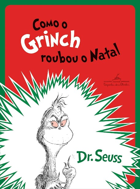 Capa do Livro. O personagem Grinch sorri em destaque num fundo vermelho.