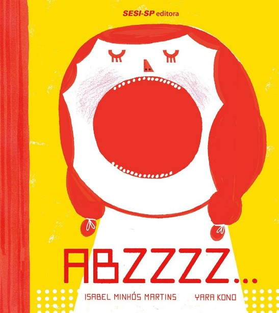 Capa do livro. Criança bocejando num fundo amarelo e vermelho.