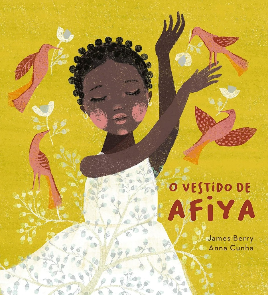 Capa do livro. Uma menina usa um vestido branco e de olhos fechados, parece dançar envolta por pássaros que têm uma flor em seus bicos.