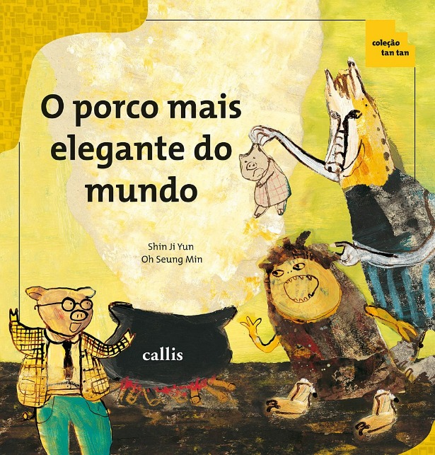Capa do livro. Um porco de terno e óculos esbraveja com um cavalo.