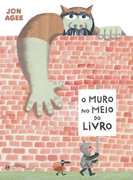 Capa do livro. Um muro de tijolos vermelhos separa um gigante de um pequeno soldado e do pássaro que o acompanha.oro