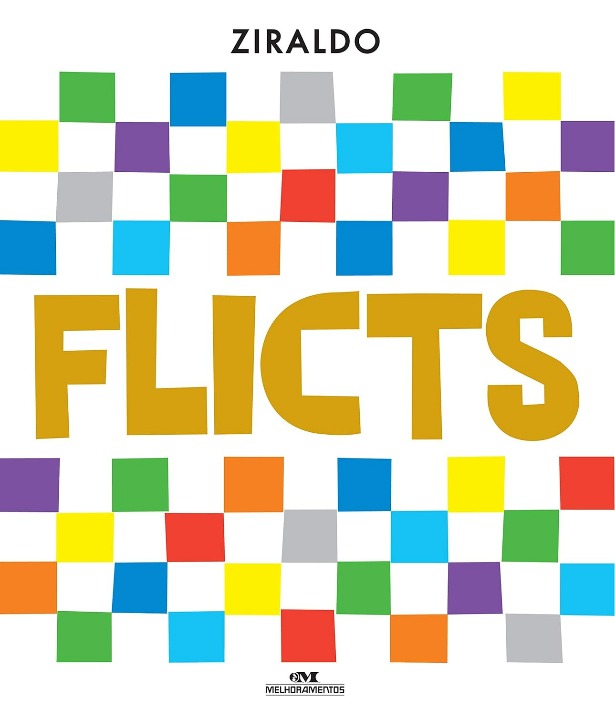 Capa do livro. O tíyulo FLICTS é acompanhado, num fundo branco, por dezenas de quadradinhos coloridos.