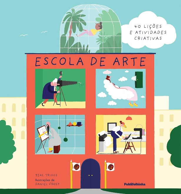 Capa do livro. Um prédio com janelas apresenta várias fases do design: fotografia, pintura, gráfica e contemplação. 