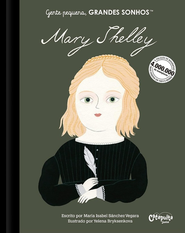 Capa do livro. O desenho da autora Mary Shelley jovem segura uma pena branca em contraste à sua roupa preta.