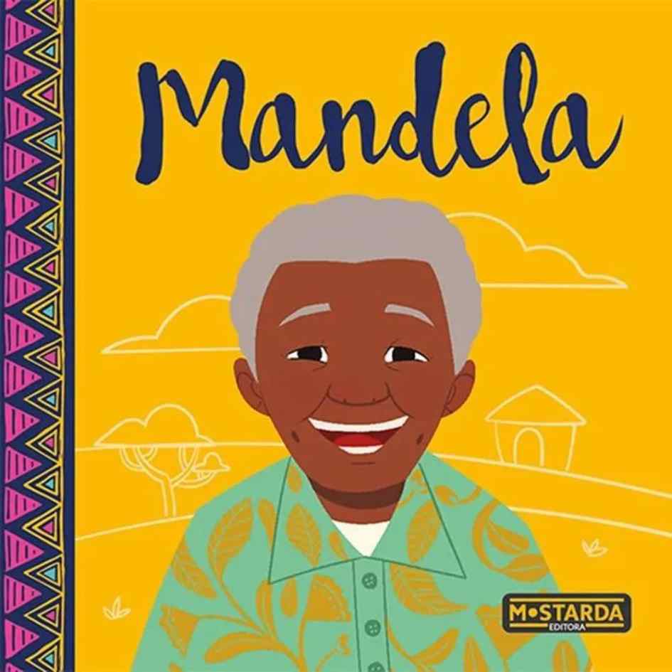 Capa do livro. Num fundo amarelo, o personagem Nelson Mandela é representado através de desenho.