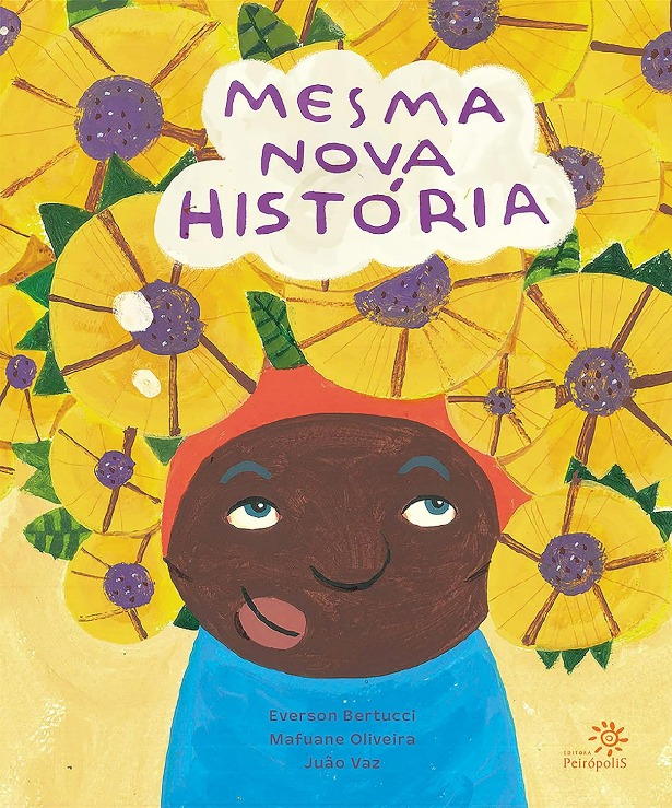 Capa do livro. Menina negra tem seus cabelos envolto num pano amarelo que representa flores de miolo lilás, sorri pensativa.