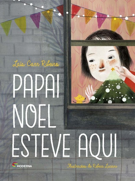 Capa do livro. Menina cercada de símbolos natalinos olha pela janela.