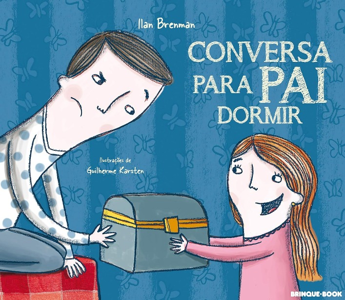 Capa do livro. Menina oferece um baú ao pai, que olha para ela ressabiado.