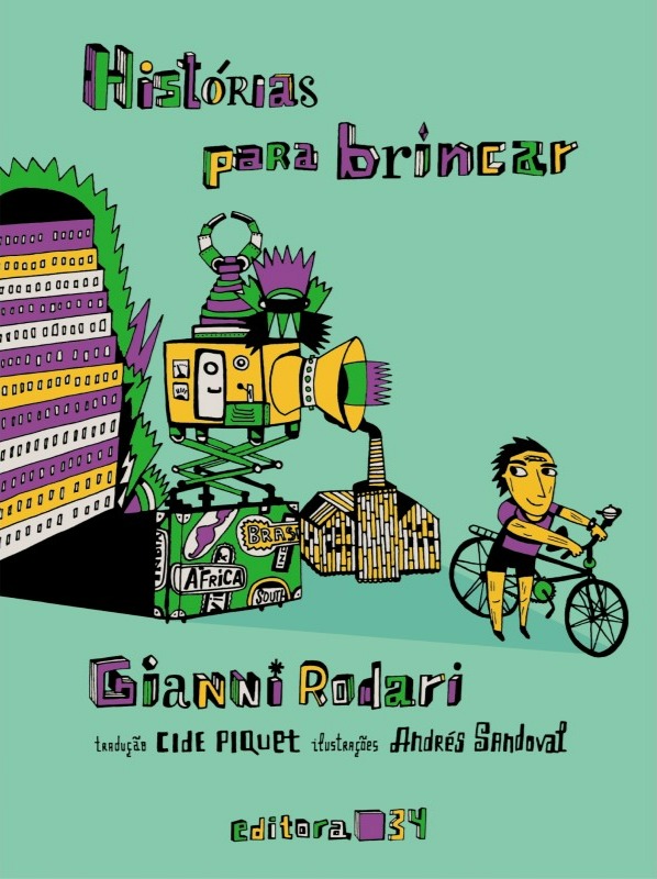 Capa do livro. Criança de pé segura sua bicicleta enquanto observa um baú de onde saem várias referências africanas.