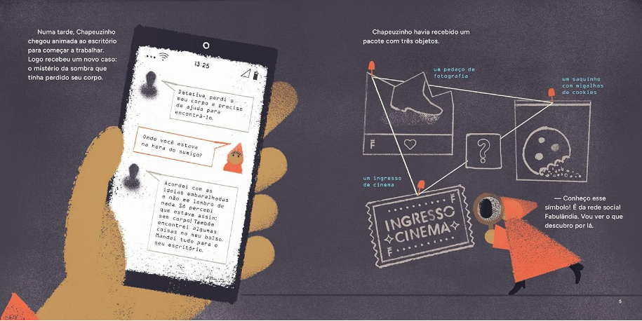 Página do livro Detetive Chapeuzinho e o mistério da sombra digital”, André Rodrigues, Larissa Ribeiro, Paula Desgualdo e Pedro Markun (Sabichinho), Editora Companhia das Letrinhas