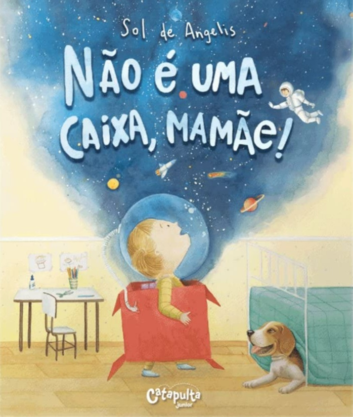 Capa do livro. Criança com capacete e dentro de uma caixa, observa o espaço.