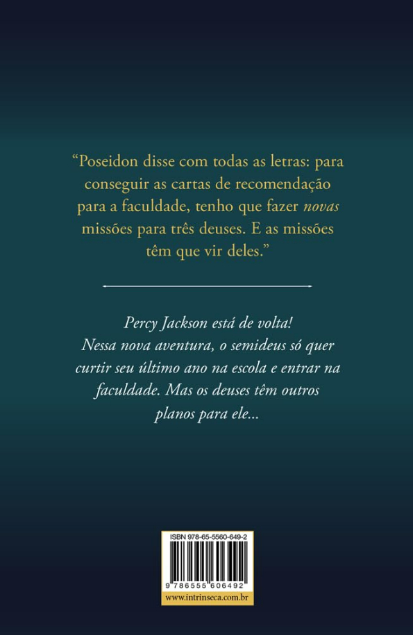Contracapa do livro O cálice dos deuses- Série Percy Jackson e os Olimpianos, de Rick Riordan, Editora Intrínseca