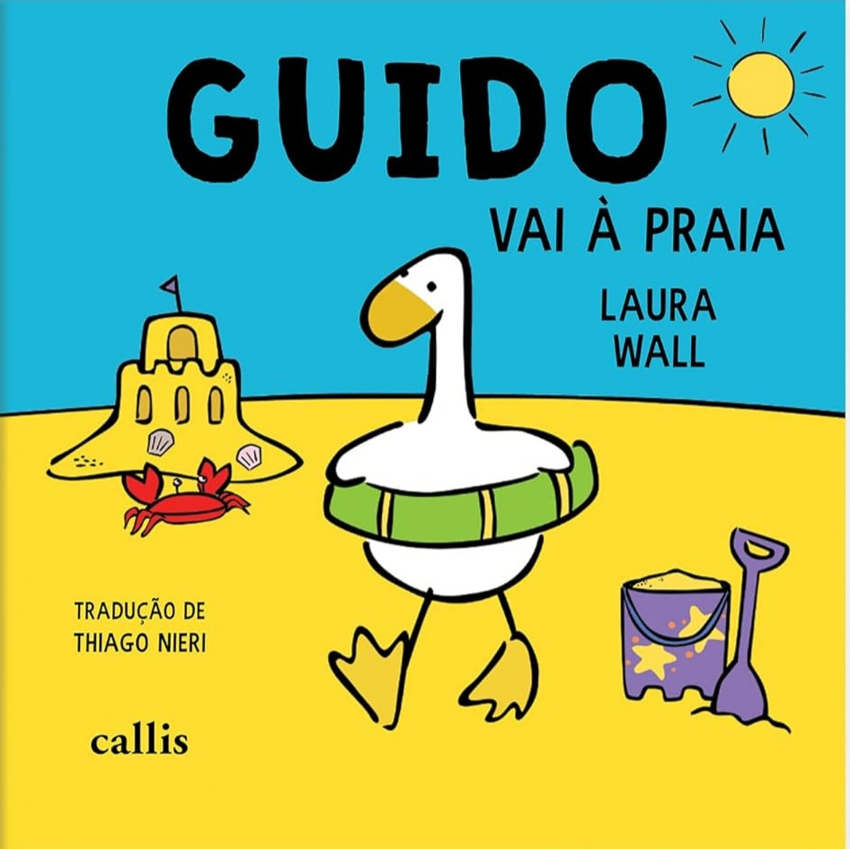 Capa do livro. na praia, um ganso circula com uma boia na cintura, pela areia.