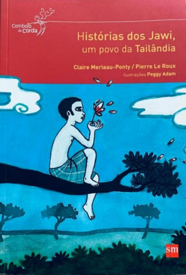 Capa do livro. Sentado sobre um galho e envolto em um céu azul, menino observa uma planta se desfazendo ao vento.