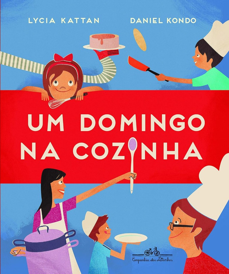 Capa do livro. Uma família é retratada com objetos de uso culinário e sorriem.