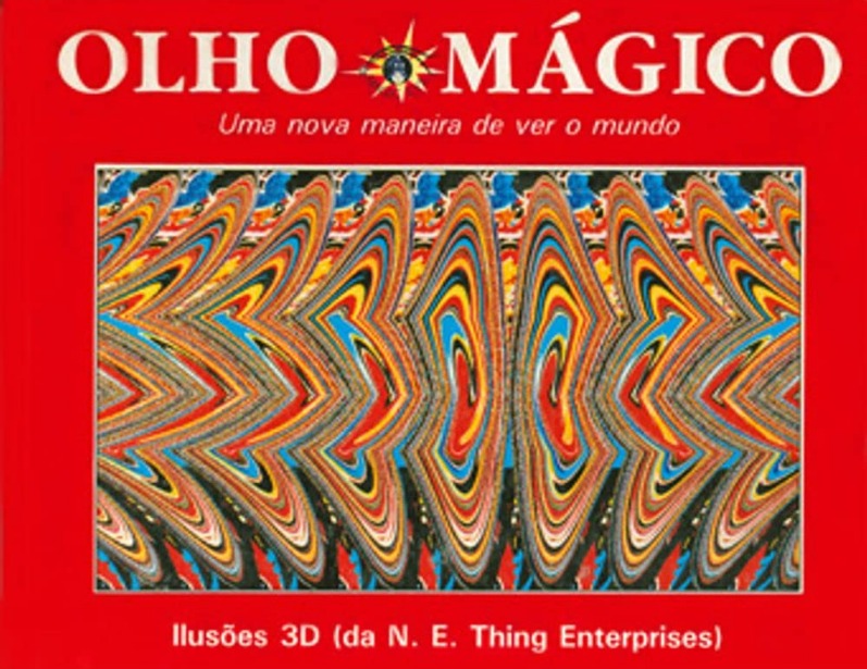 Capa do livro. Num fundo vermelho, vê-se uma ilusão de ótica em 3D.