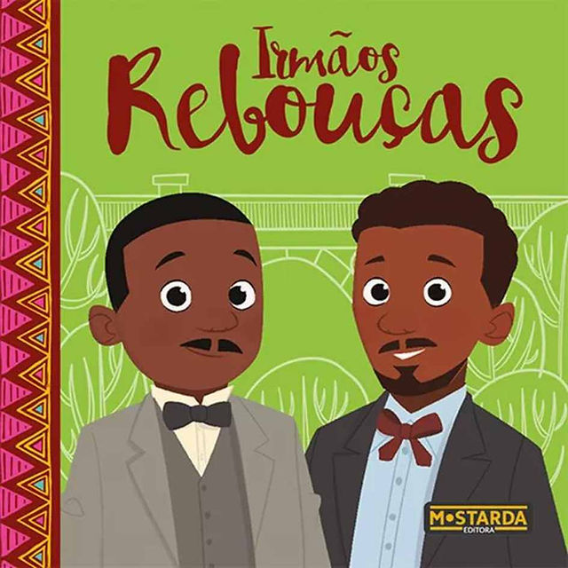 Capa do livro. Num fundo verde, os personagens Irmãos Rebouças são representados através de desenho.