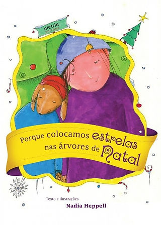 Capa do livro. Uma criança e um cachorro, cercados de símbolos natalinos, sorriem serenamente e de olhos fechados.