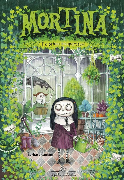 Capa do livro. Menina zumbi observa a chuva lá fora, enquanto seu primo bate na porta.