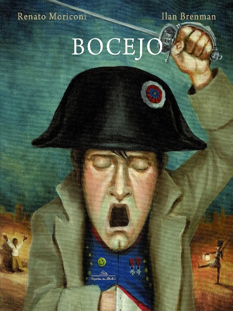 Capa do livro. A figura de Napoleão Bonaparte boceja enquanto empunha sua espada e mantém sua outra mão dentro da casaca..
