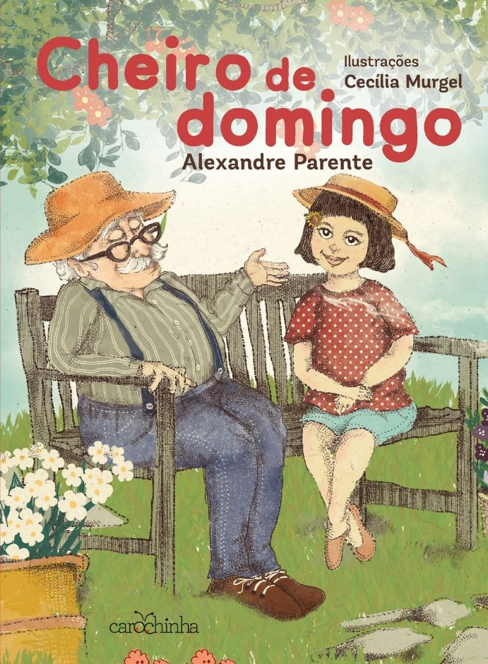 Num banco e envoltos por árvores e flores, um idoso conversa com uma menina.