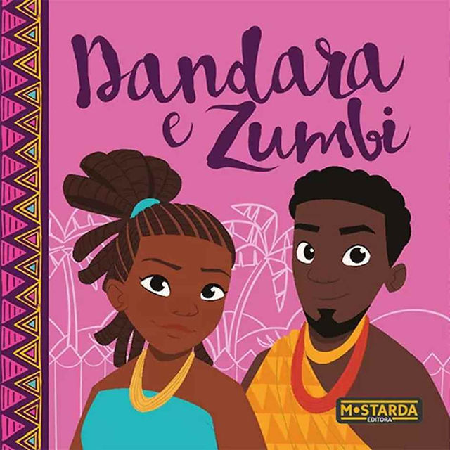 Capa do livro. Num fundo rosa, os personagens Dandara e Zumbi são representados através de desenho.