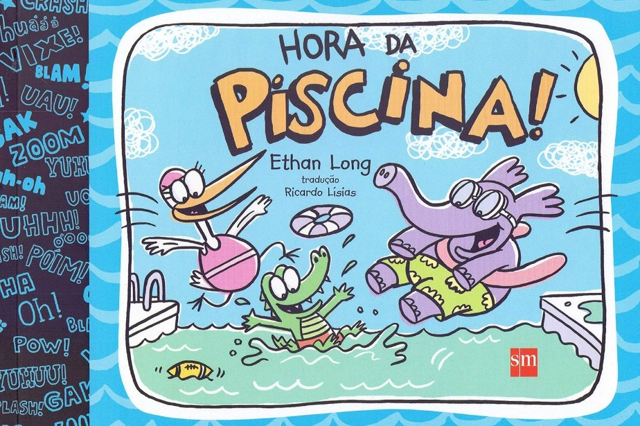 Capa do livro. Um elefante, um jacaré e uma cegonha sorriem e saltam para dentro de uma piscina.