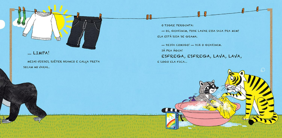 Página do livro Oi, guaxinim, pode lavar pra mim?, de Susanne Strasser, Editora Companhia das Letrinhas