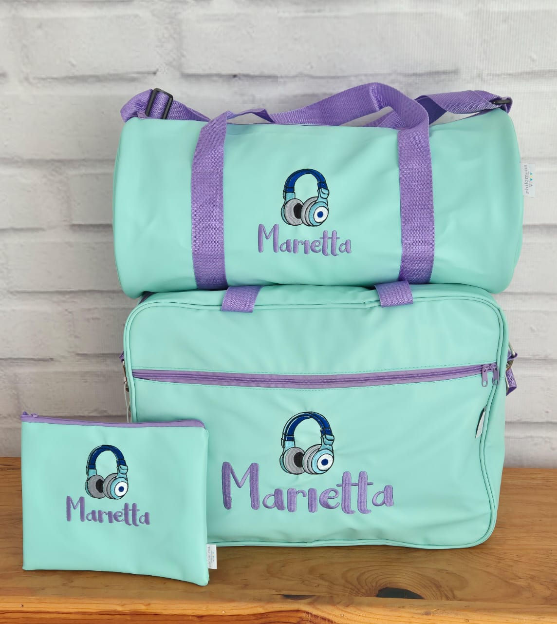 Kit maleta XL, cilindrica y estuche con nombre en un color y figura