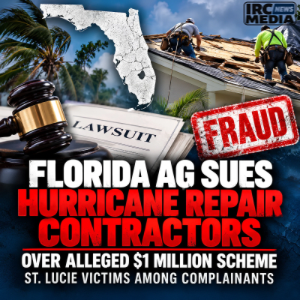 Florida news graphic showing hurricane roof repairs, a lawsuit document and fraud stamp with headline about the Florida Attorney General's contractor lawsuit.