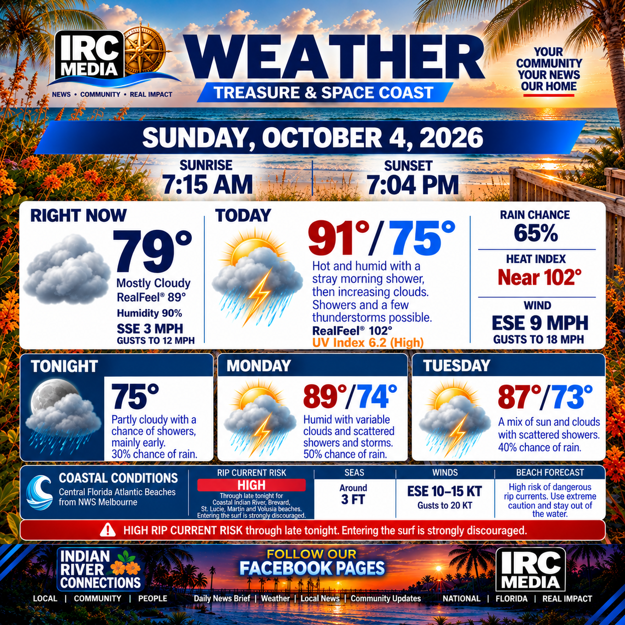 IRC Media Treasure and Space Coast weather graphic for Sunday, October 4, 2026.