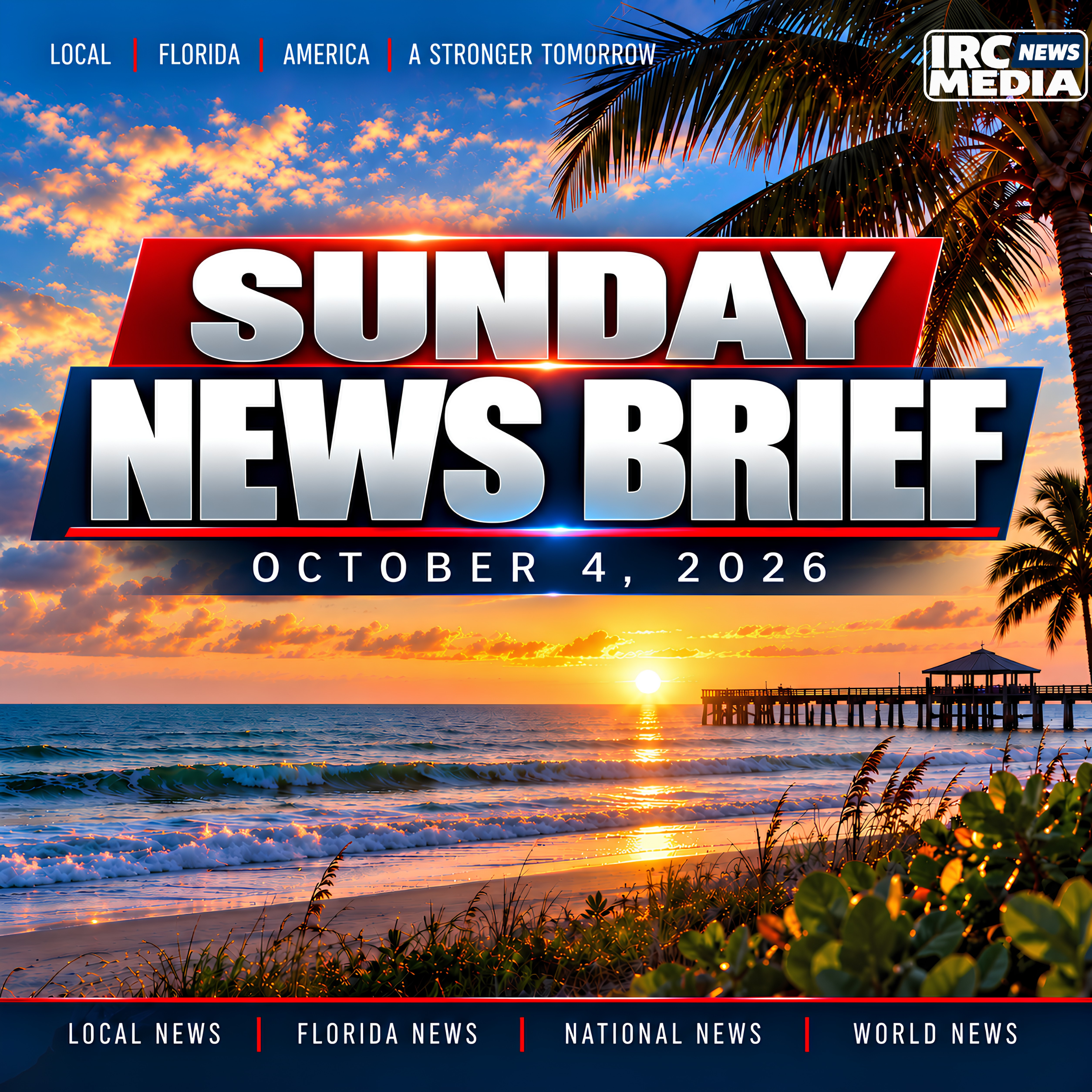 IRC Media Sunday News Brief cover for October 4, 2026 featuring a Florida coastal sunrise and Local, Florida, National and World news categories.