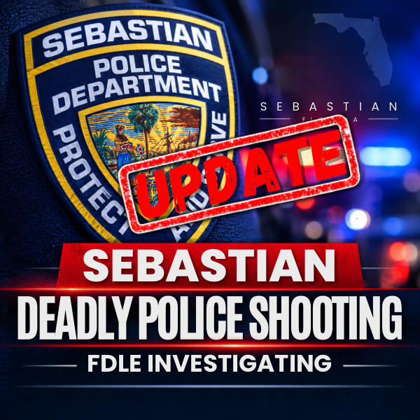 Sebastian Police Department update graphic for the fatal officer-involved shooting under FDLE investigation.