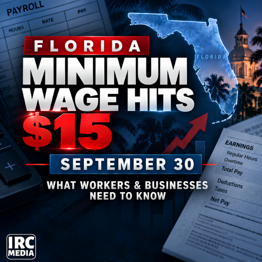 Graphic announcing Florida’s minimum wage increase to $15 per hour effective September 30, 2026, with a Florida silhouette and payroll-themed background.