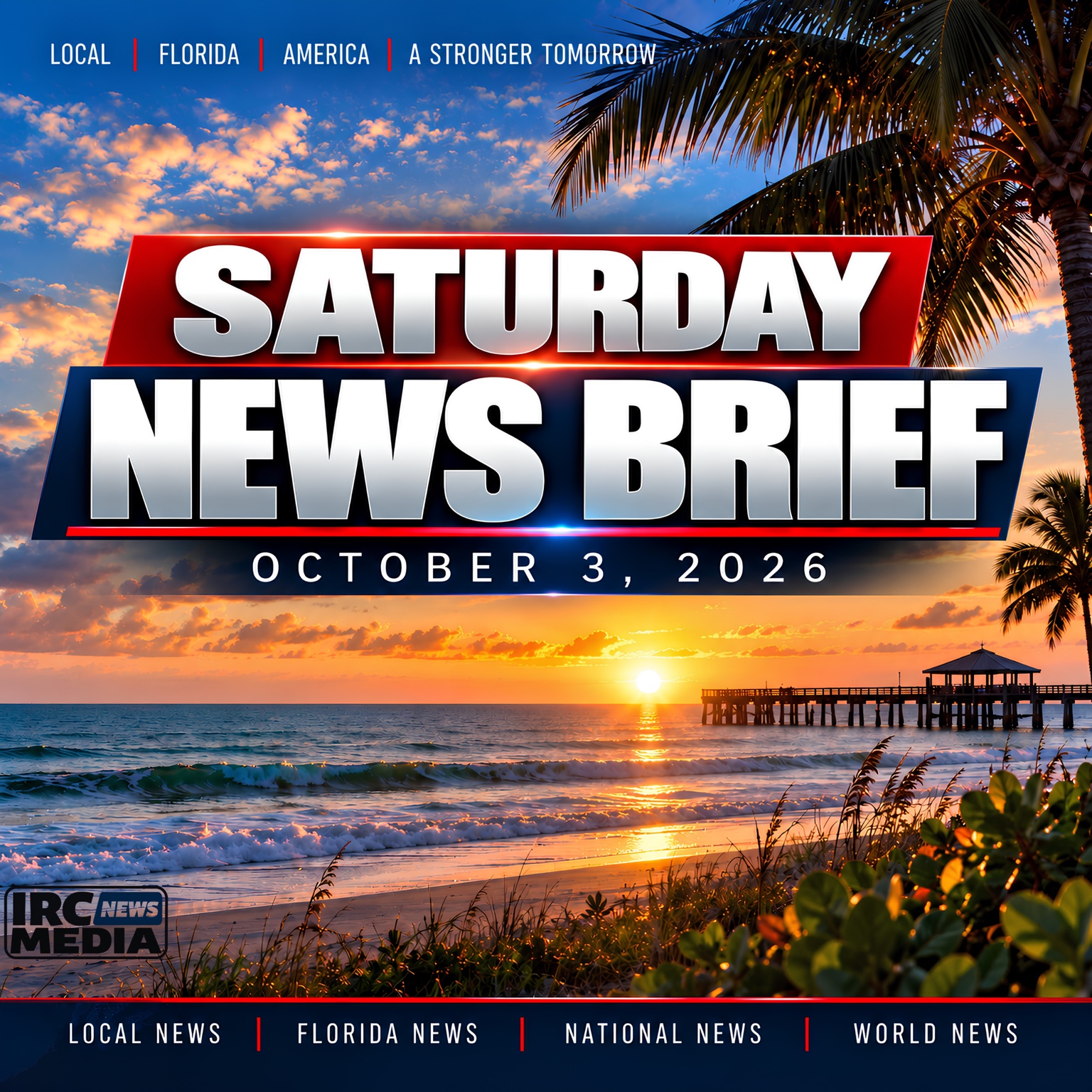 Saturday News Brief cover for October 3, 2026 with a Florida beach sunrise and Local, Florida, National and World news categories.