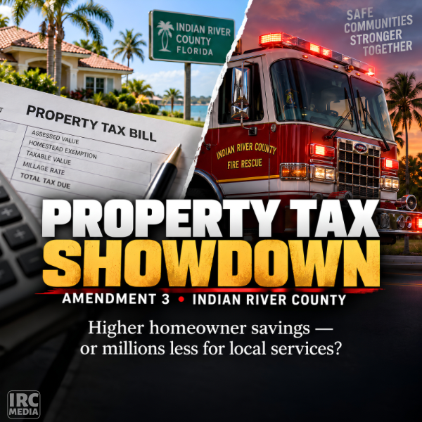 Property Tax Showdown graphic showing an Indian River County home and property tax bill beside an Indian River County Fire Rescue truck for coverage of Florida Amendment 3.