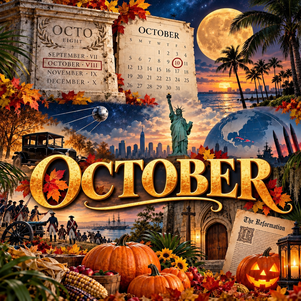 October history and fall collage featuring an ancient Roman calendar, modern October calendar, harvest moon, Florida palms, Statue of Liberty, Model T, Sputnik, pumpkins and other historic imagery.