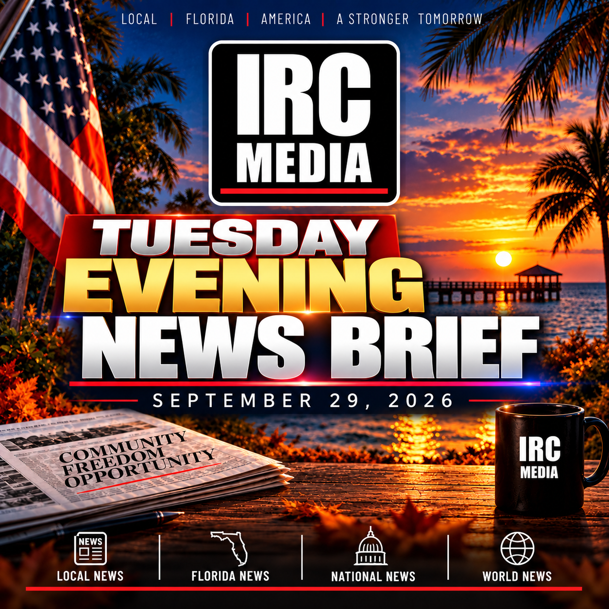 IRC Media Tuesday Evening News Brief graphic for September 29, 2026 featuring a Florida waterfront sunset.