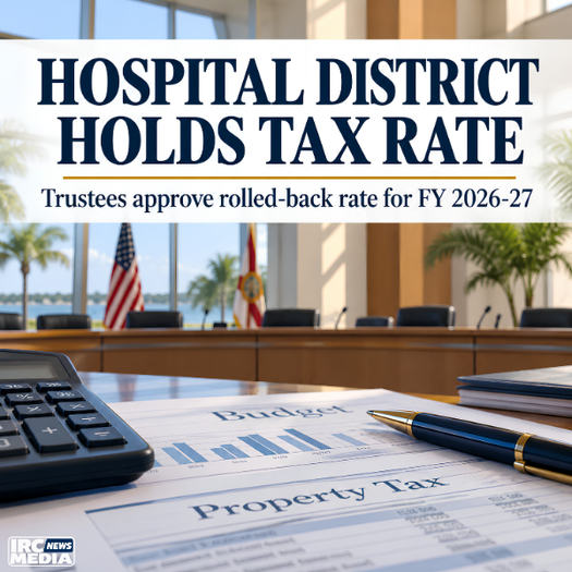 IRC Media news cover for the Indian River County Hospital District tax-rate story, showing a public meeting chamber with budget and property-tax documents.