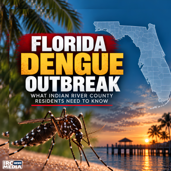 Florida dengue outbreak graphic with mosquito, Florida map and Indian River County guidance