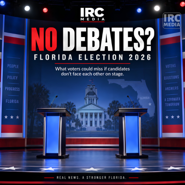 Two empty debate podiums on a television-style stage with a Florida backdrop, representing the absence of confirmed statewide candidate debates in Florida's 2026 general election.