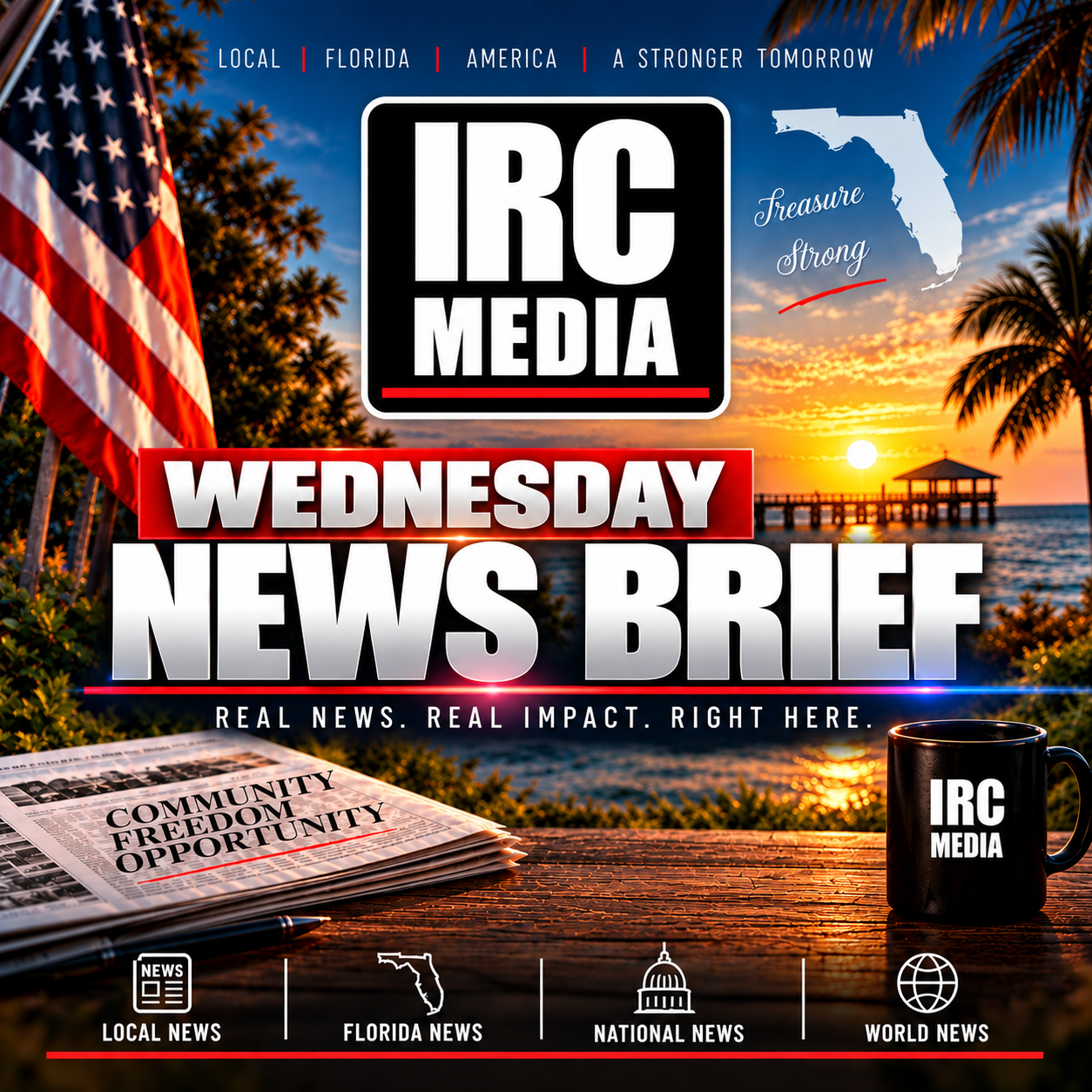 IRC Media Wednesday News Brief graphic with a Florida coastal sunrise and news categories.