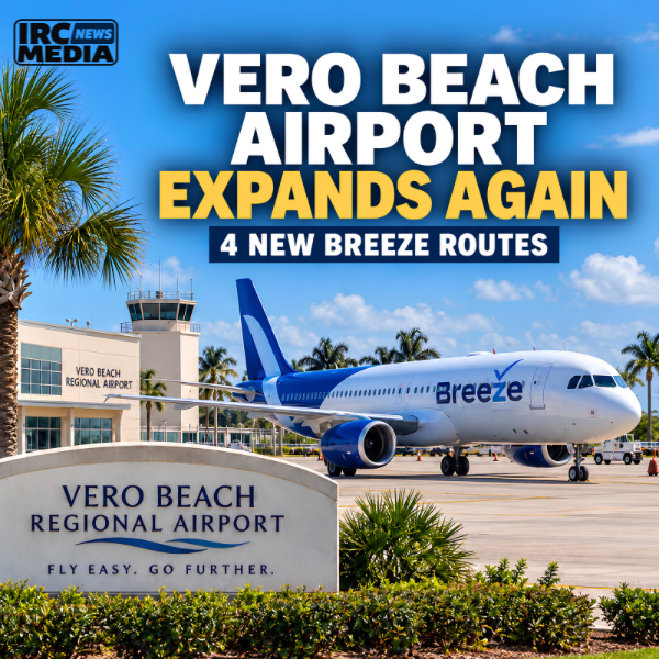 IRC Media article cover showing a Breeze Airways passenger jet at Vero Beach Regional Airport with the headline 'Vero Beach Airport Expands Again' and '4 New Breeze Routes.'
