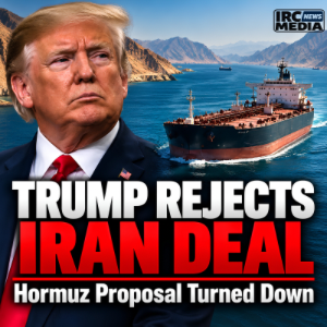 President Donald Trump beside an oil tanker in the Strait of Hormuz with the headline Trump Rejects Iran Deal.