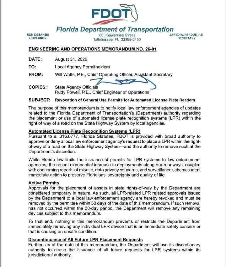Florida Department of Transportation memorandum revoking permits for automated license plate readers in state highway rights-of-way.