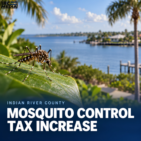 Illustrative cover showing a mosquito on a leaf with coastal Florida scenery and the headline Mosquito Control Tax Increase.
