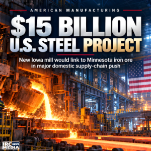 $15 billion U.S. steel project graphic showing a modern steel mill with molten steel and an American flag.