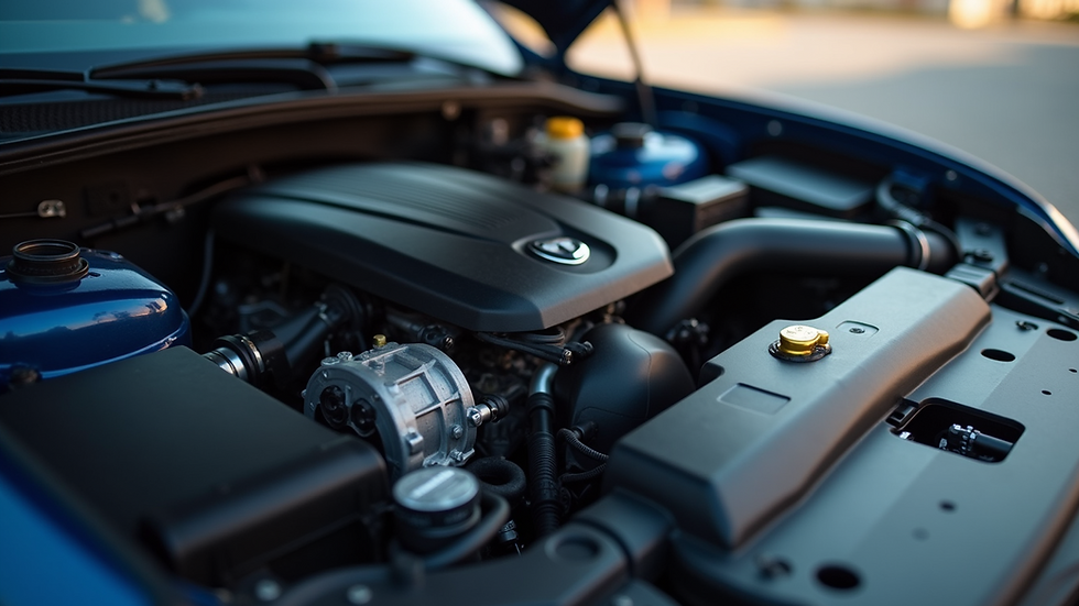 Close-up image of a car engine with visible parts
